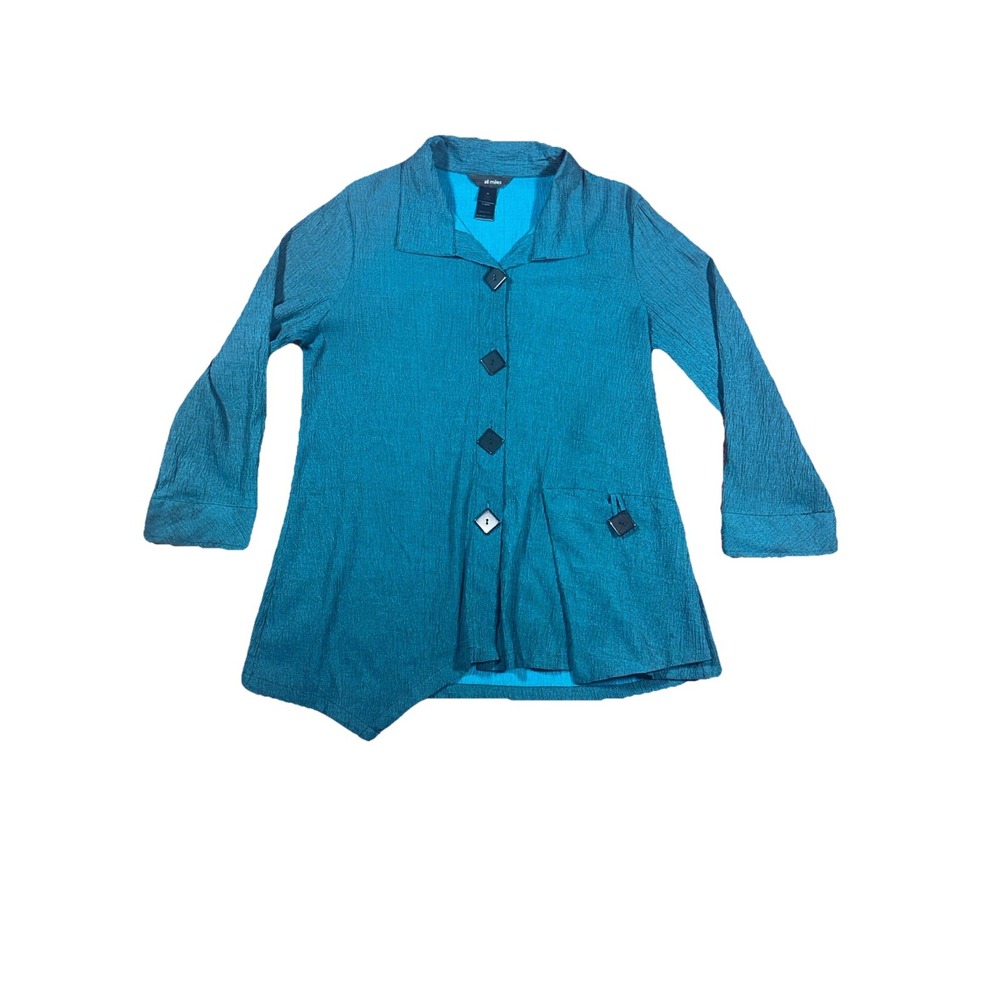 Ali Miles Top Women Size Medium Teal Blue Tunic Button Rayon Blend